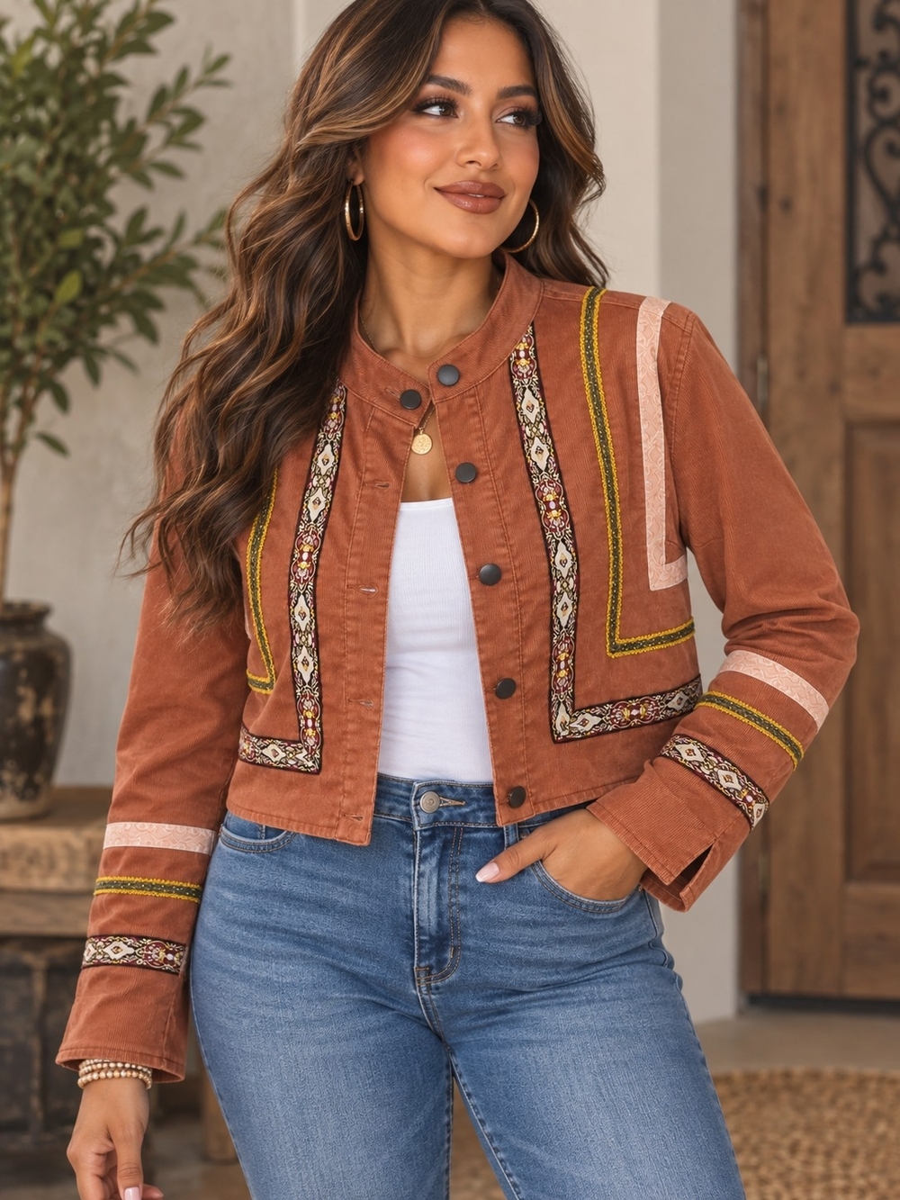 Venezia Rust Embroidered Cropped Jean Jacket with Trim